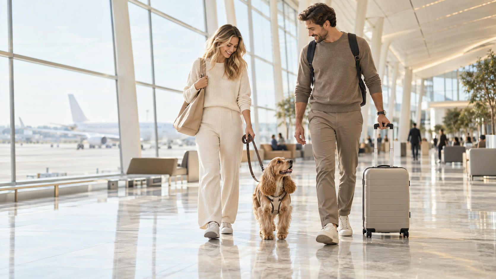 Concept illustration of two travellers walking through an airport with their dog.